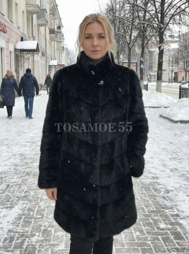 Черная норковая шуба поперечка воротник стойка фото №1