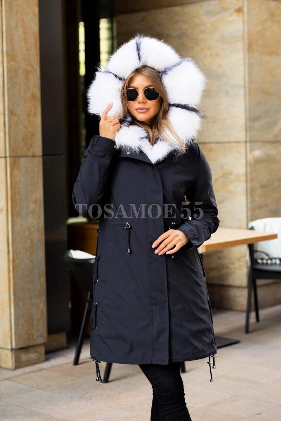 Парка чёрного цвета с белым мехом песца фото №6